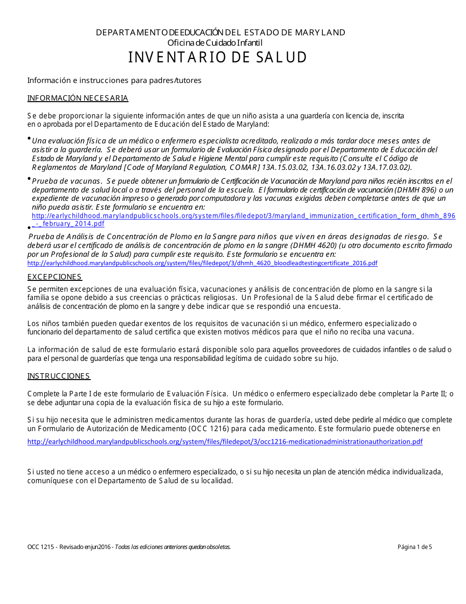 Formulario OCC1215 Inventario De Salud - Maryland (Spanish), Page 1