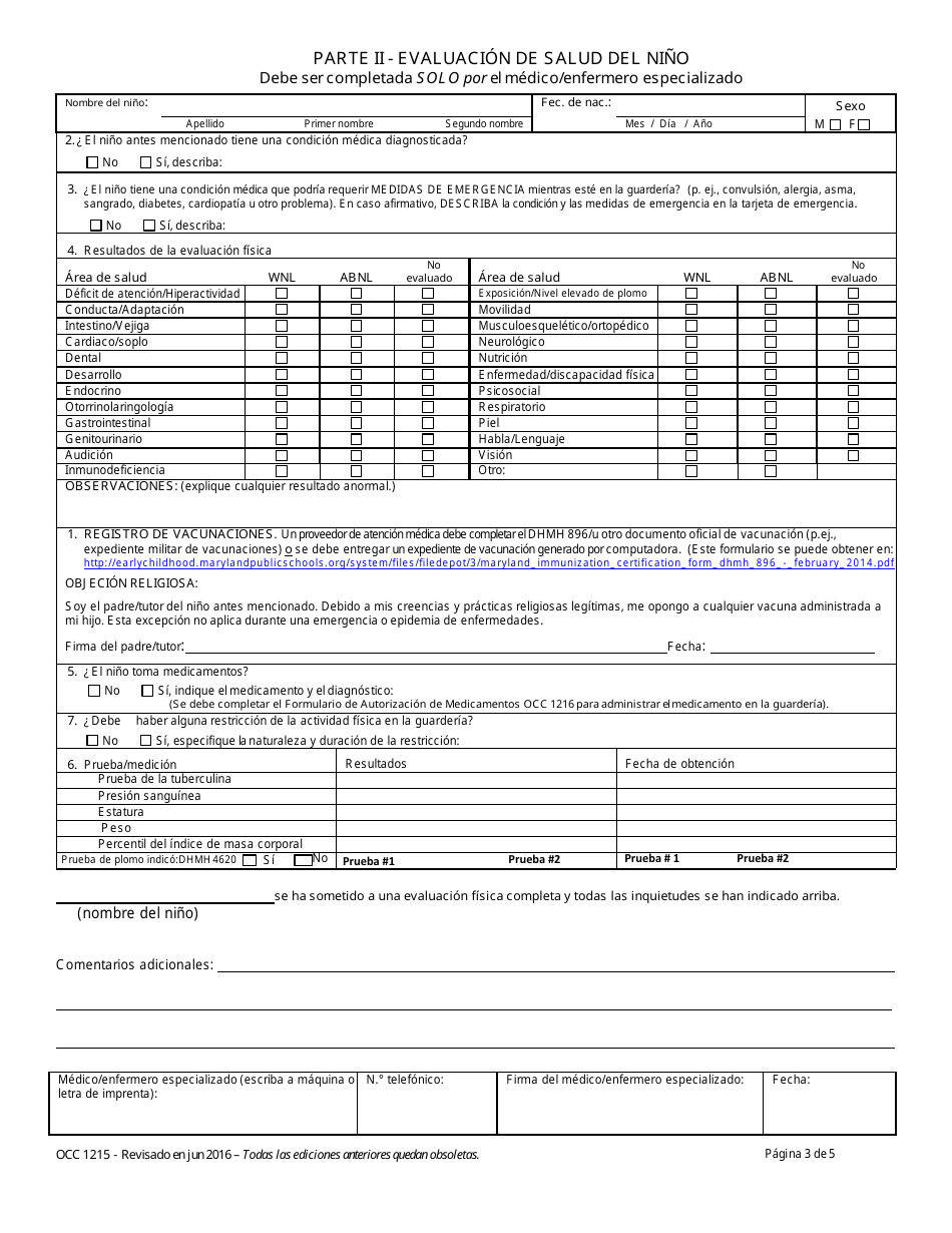 Formulario OCC1215 Inventario De Salud - Maryland (Spanish), Page 3