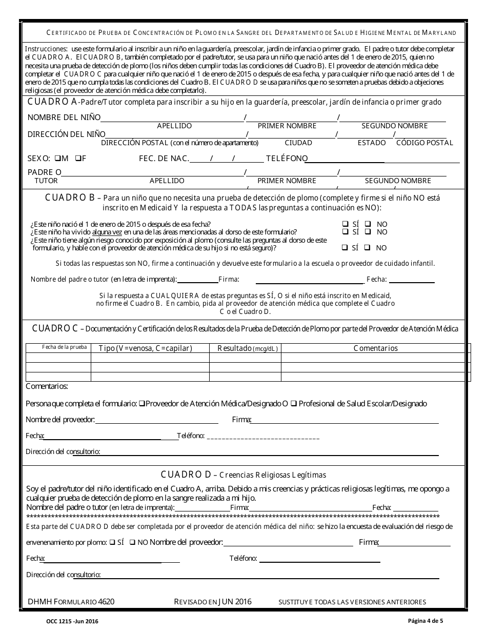 Formulario OCC1215 Inventario De Salud - Maryland (Spanish), Page 4