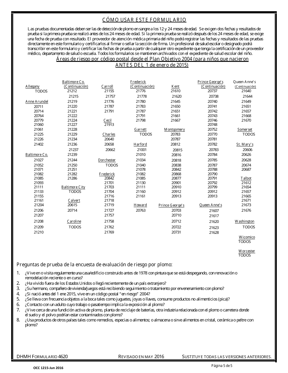 Formulario OCC1215 Inventario De Salud - Maryland (Spanish), Page 5