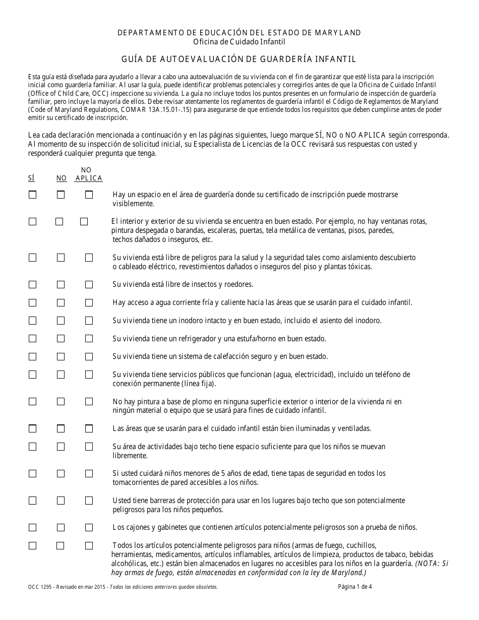 Formulario OCC1295 Guia De Autoevaluacion De Guarderia Infantil - Maryland (Spanish), Page 1