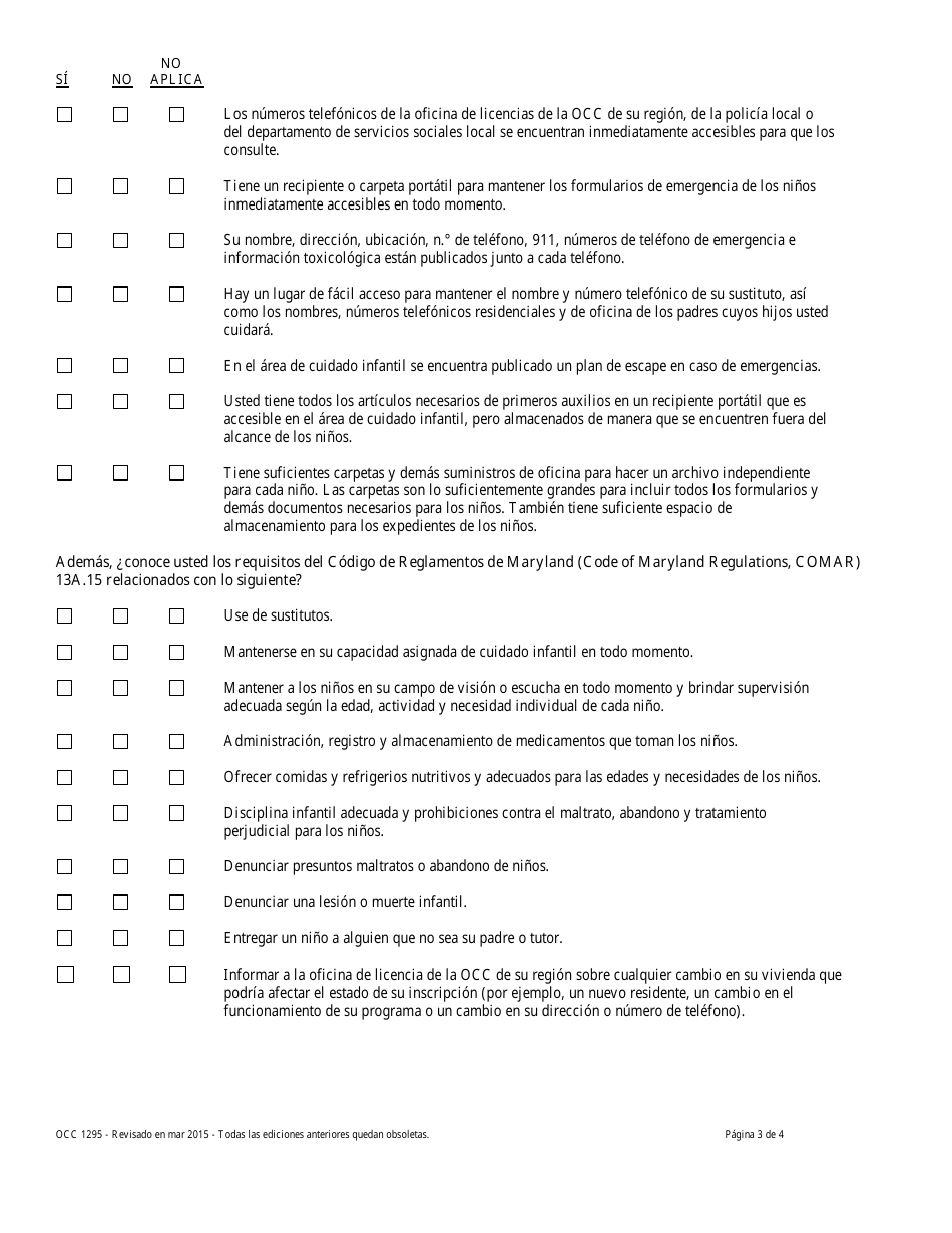 Formulario OCC1295 Guia De Autoevaluacion De Guarderia Infantil - Maryland (Spanish), Page 3