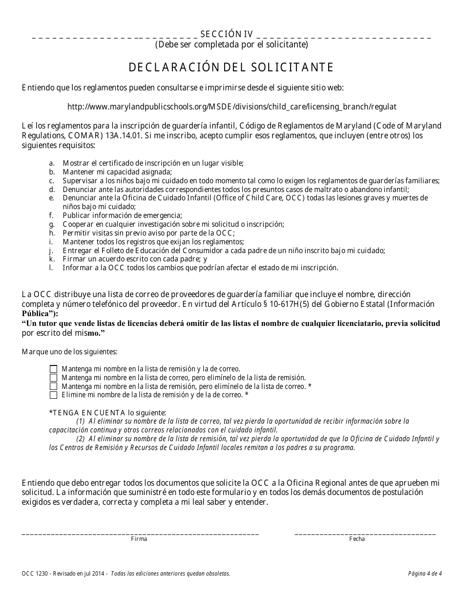 Formulario OCC1230 Solicitud De Inscripcion De Guarderia Familiar - Maryland (Spanish), Page 4