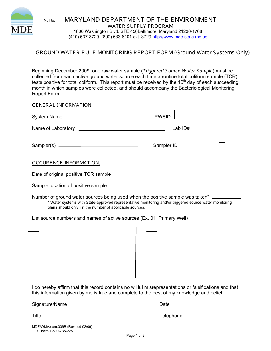 Form MDE / WMA / COM.006B Ground Water Rule Monitoring Report Form (Ground Water Systems Only) - Maryland, Page 1