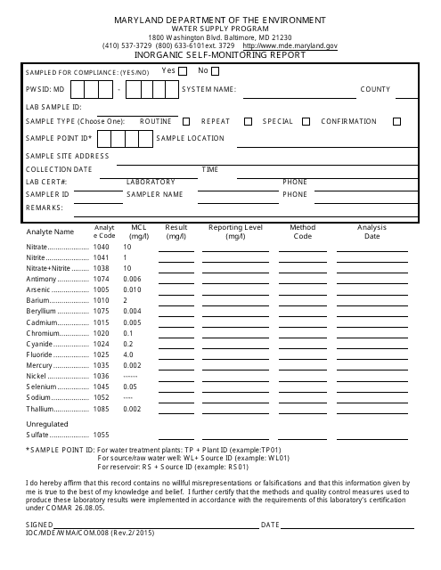 Form IOC/MDE/WMA/COM.008 Inorganic Self-monitoring Report - Maryland