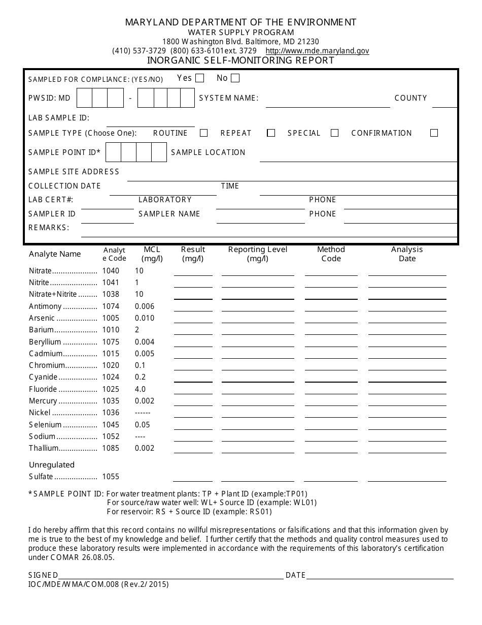 Form IOC / MDE / WMA / COM.008 Inorganic Self-monitoring Report - Maryland, Page 1