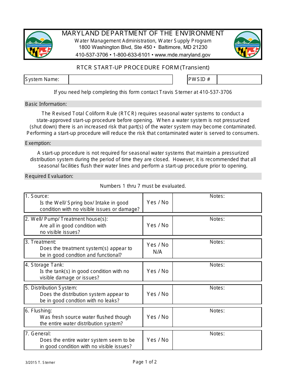 Rtcr Start-Up Procedure Form (Transient) - Maryland, Page 1