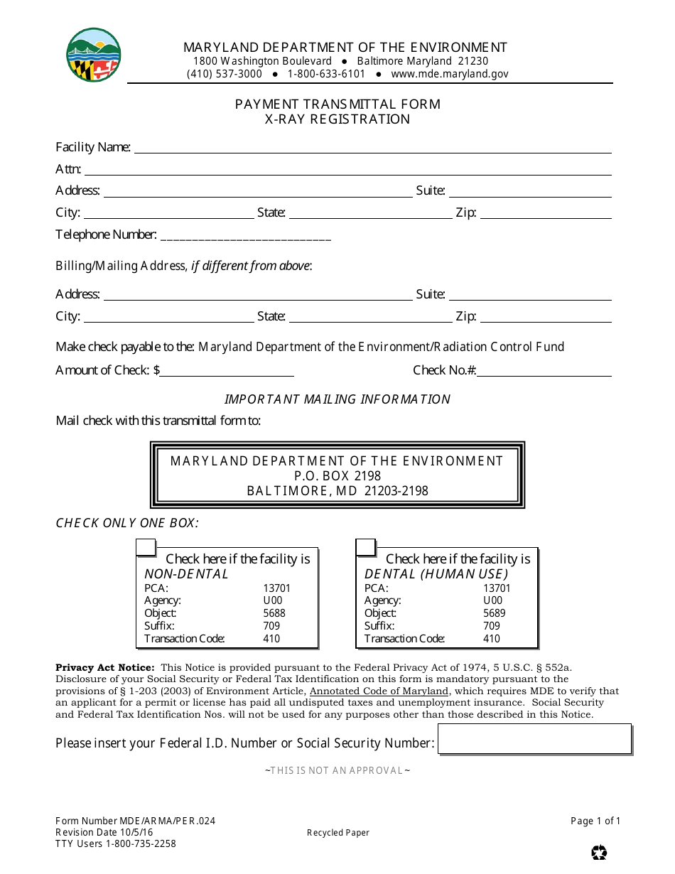 Form MDE / ARMA / PER.024 Payment Transmittal Form - X-Ray Registration - Maryland, Page 1
