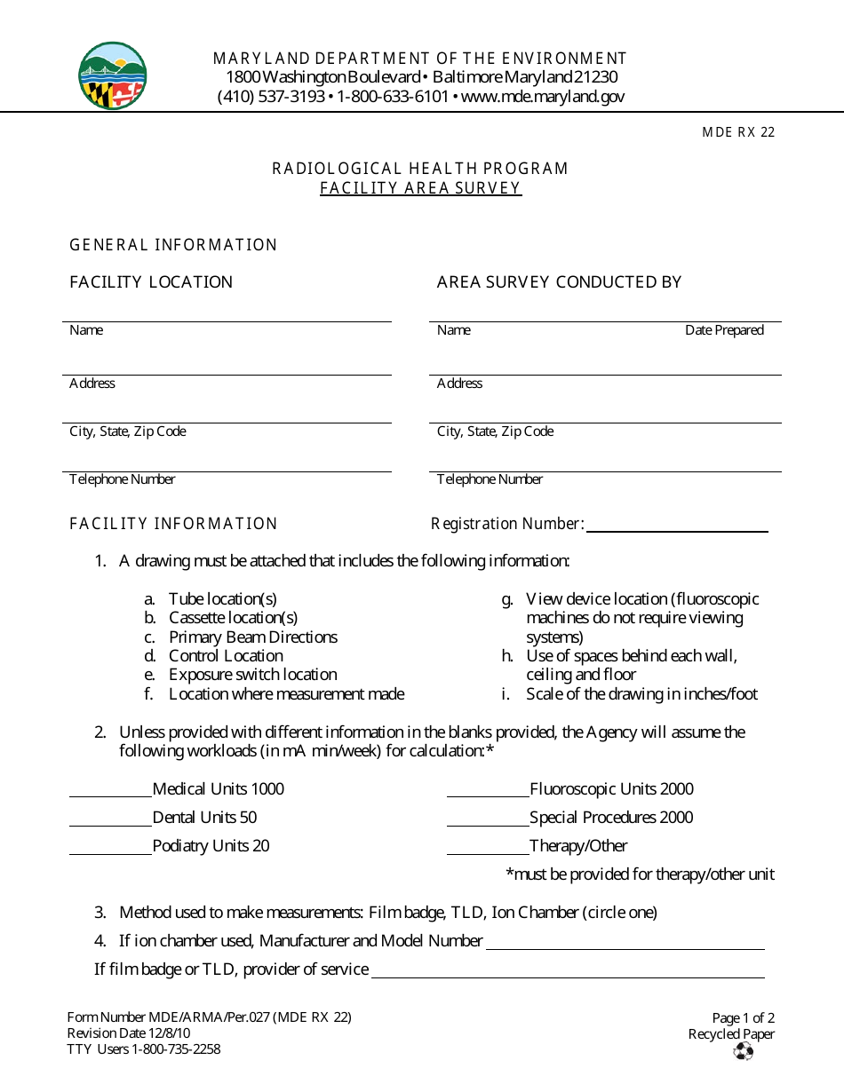 Form RX22 Facility Area Survey - Radiological Health Program - Maryland, Page 1