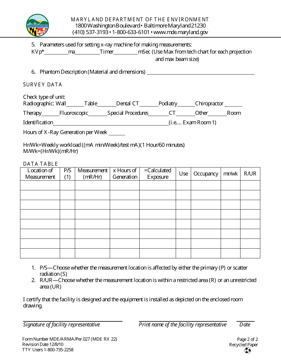 Form RX22 Facility Area Survey - Radiological Health Program - Maryland, Page 2