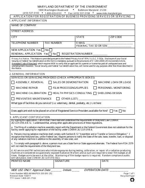 Form RX25 Application for Registration of Business Providing Services or Servicing - Maryland