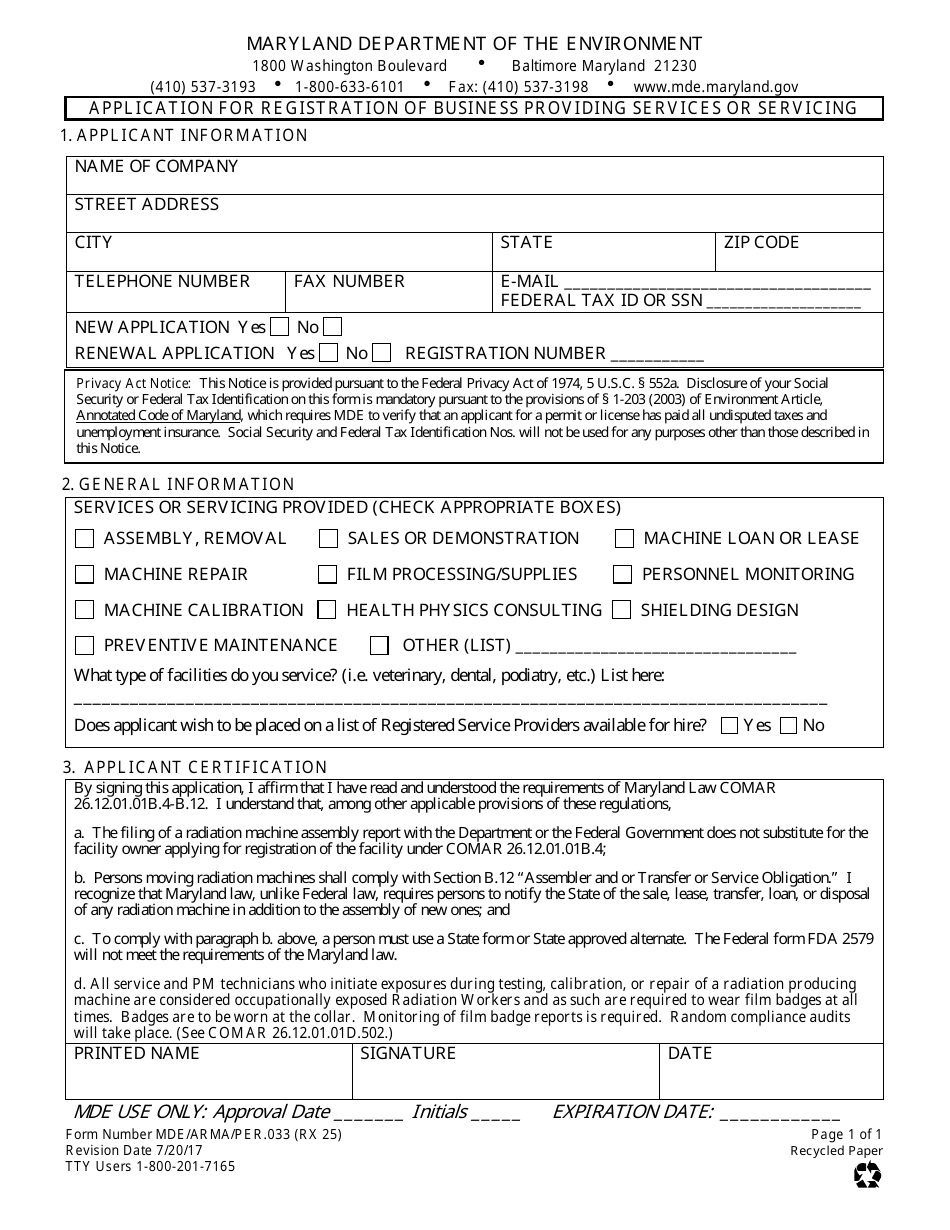 Form RX25 Application for Registration of Business Providing Services or Servicing - Maryland, Page 1