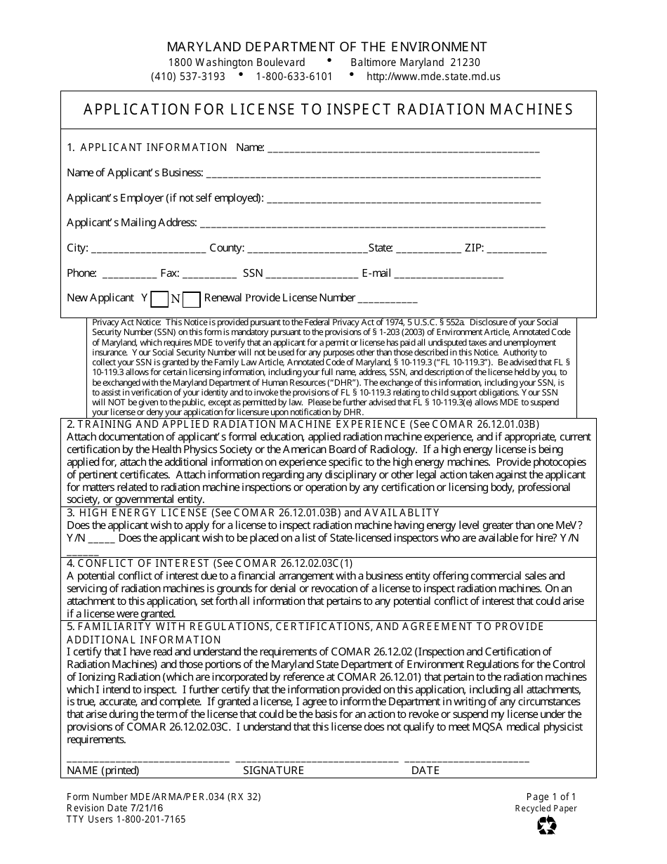 Form RX32 Application for License to Inspect Radiation Machines - Maryland, Page 1