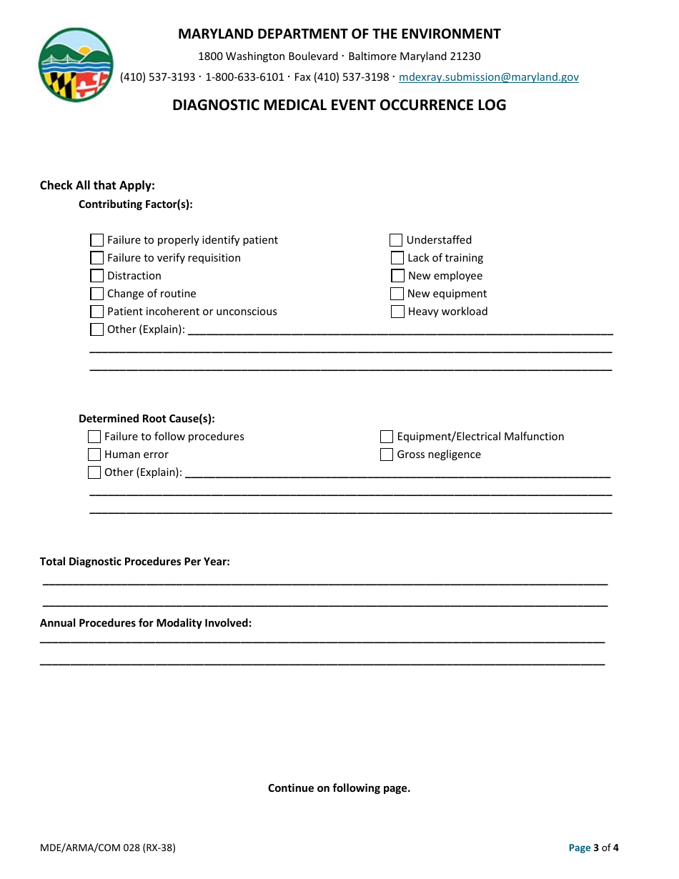 Form RX38 Diagnostic Medical Event Occurrence Log - Maryland, Page 3