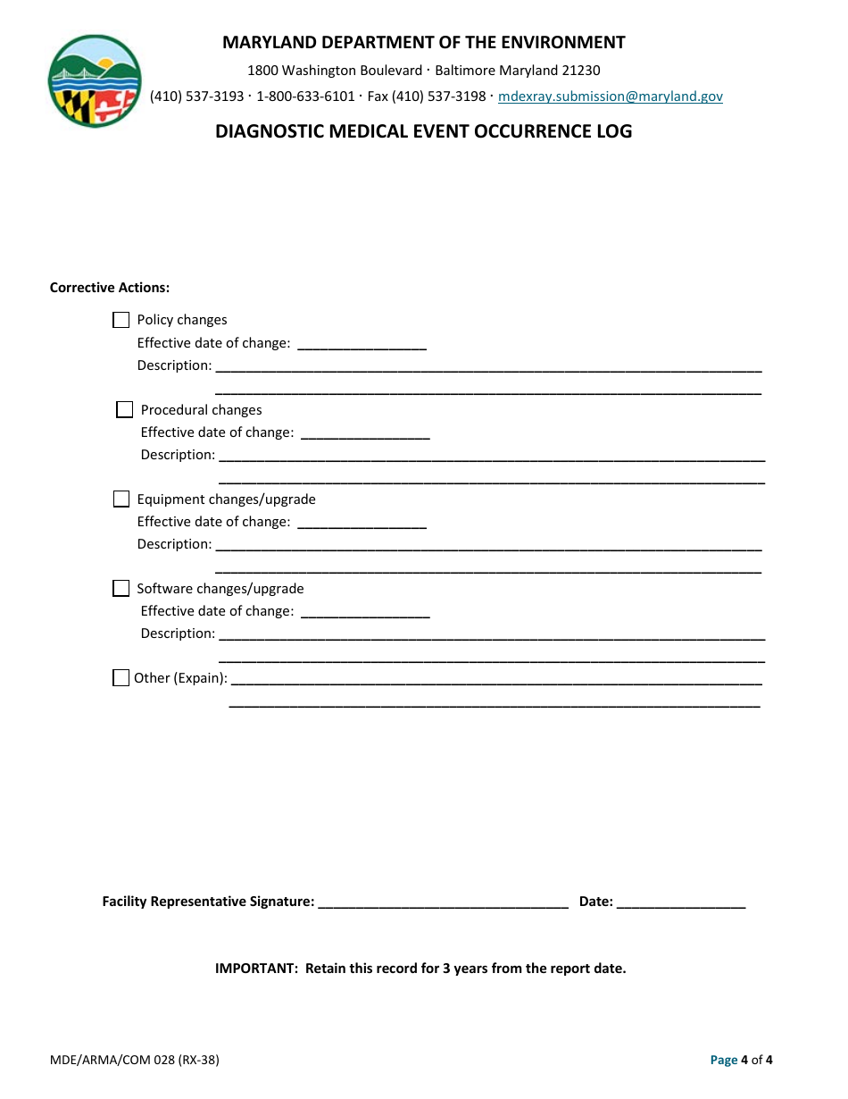 Form RX38 Diagnostic Medical Event Occurrence Log - Maryland, Page 4