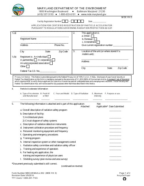 Form MDE RX3 Application for Certified Registration of Particle Accelerator - Maryland