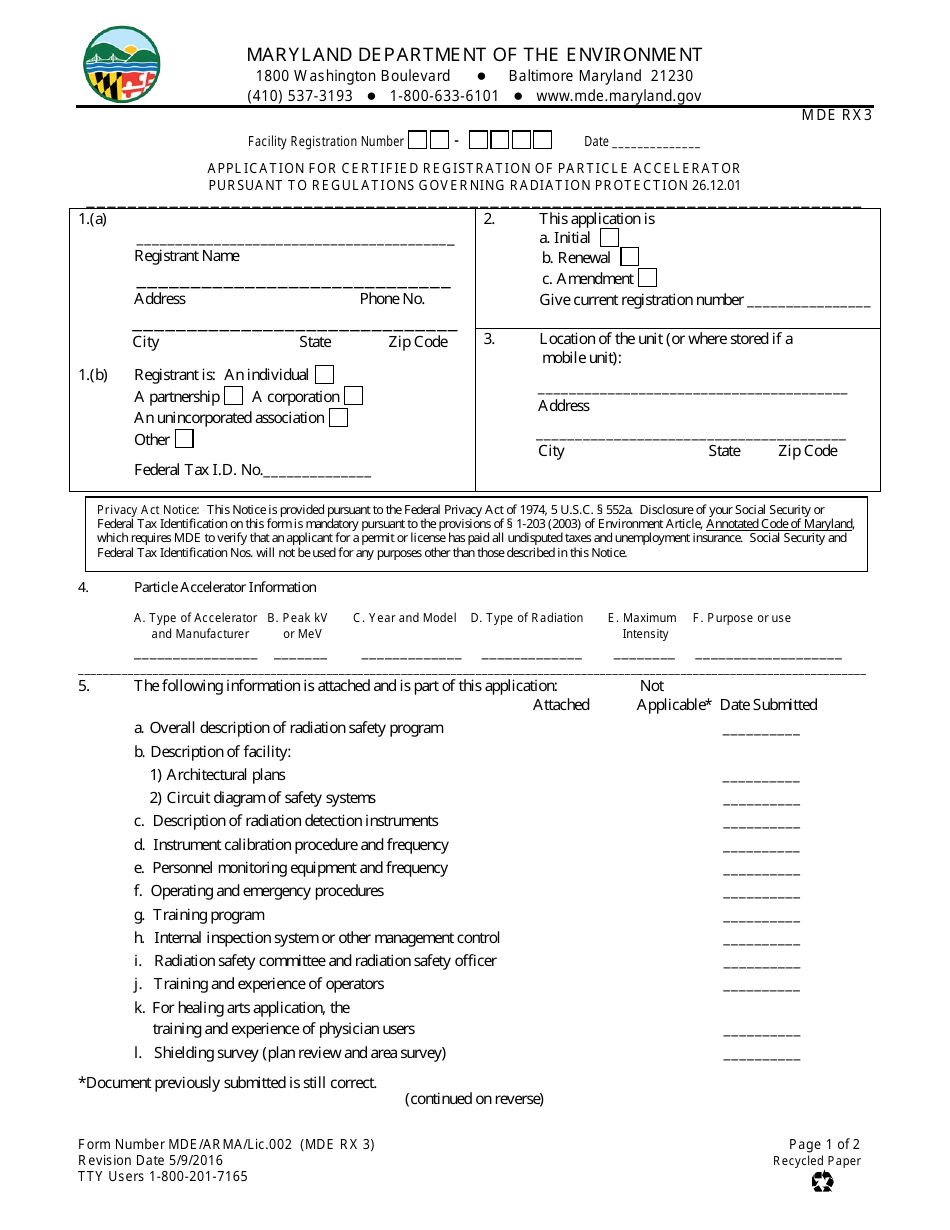 Form MDE RX3 Application for Certified Registration of Particle Accelerator - Maryland, Page 1