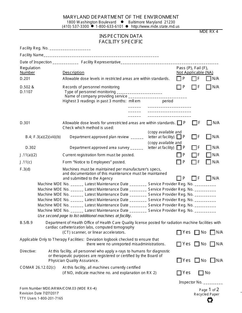 Form MDE RX4 Inspection Data Facility Specific - Maryland, Page 1