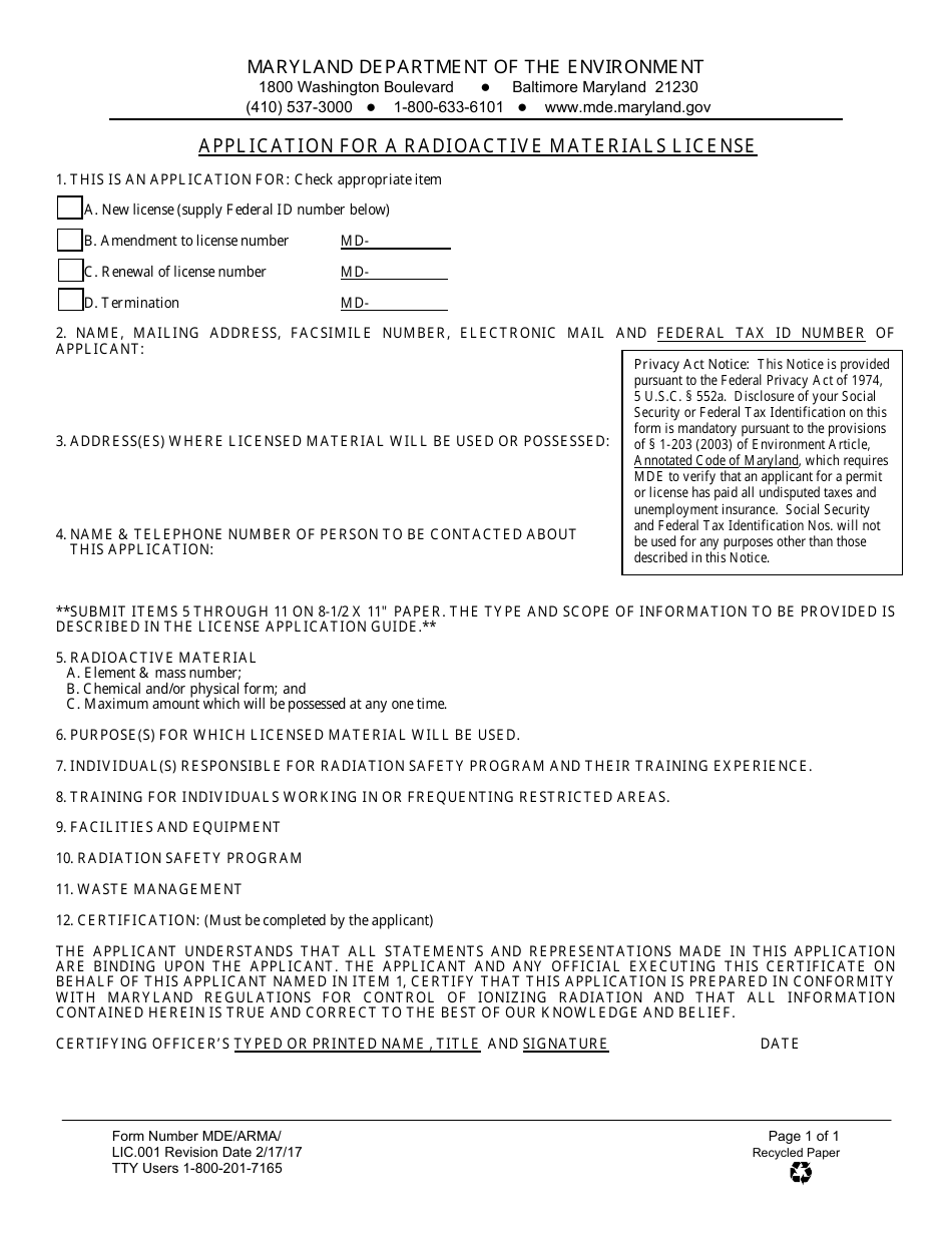 Form MDE / ARMA / LIC.001 Application for a Radioactive Materials License - Maryland, Page 1