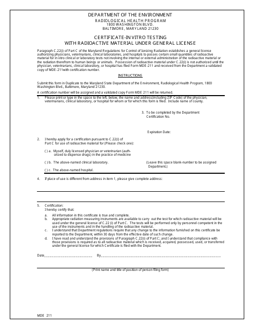 Form MDE211 Certificate-In Vitro Testing With Radioactive Material Under General License - Maryland