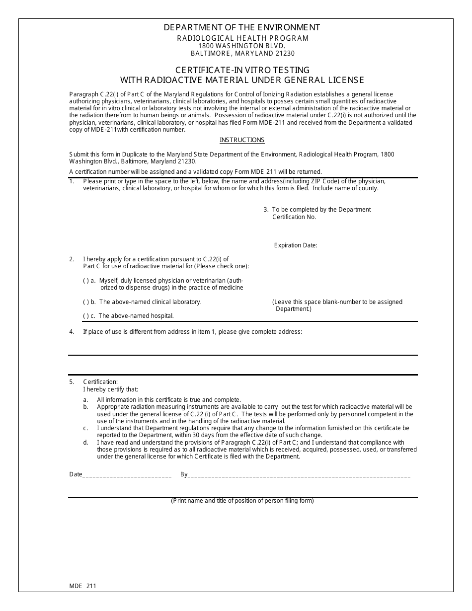 Form MDE211 Certificate-In Vitro Testing With Radioactive Material Under General License - Maryland, Page 1