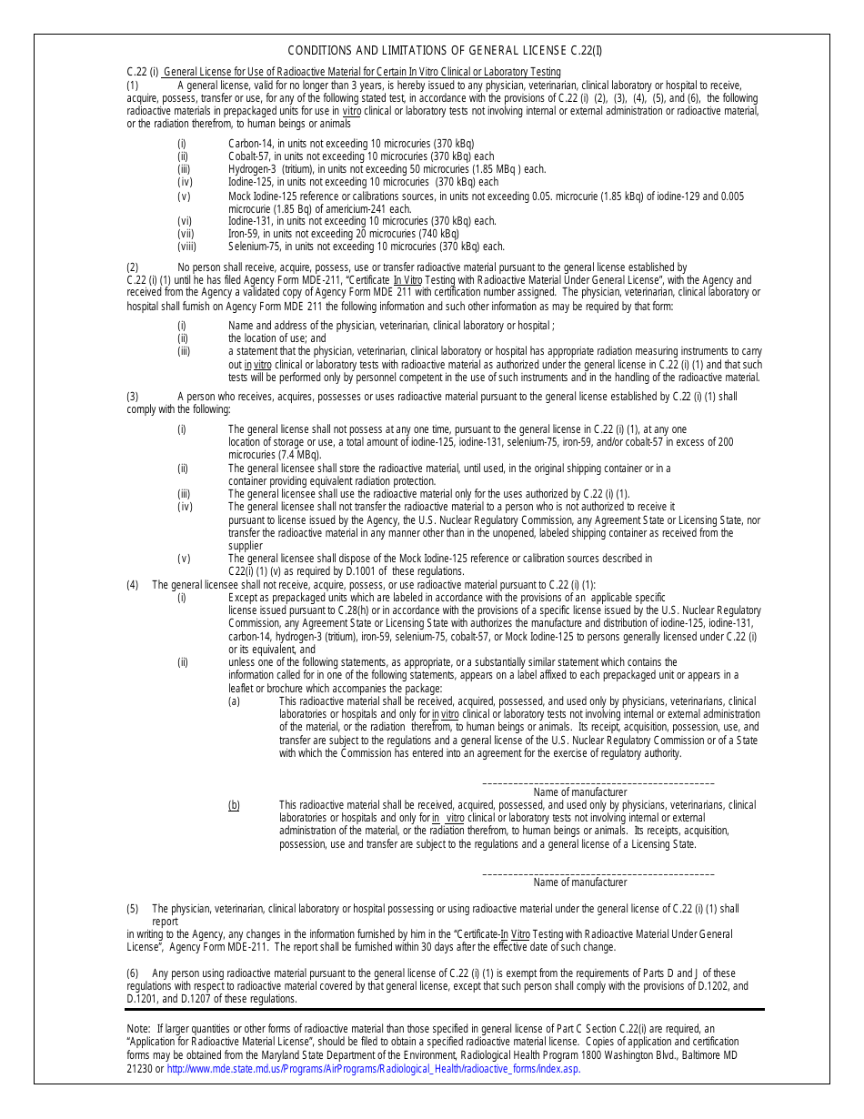 Form MDE211 Certificate-In Vitro Testing With Radioactive Material Under General License - Maryland, Page 2