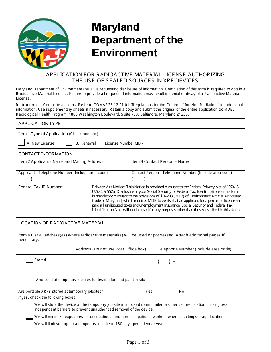 Maryland Application for Radioactive Material License Authorizing the