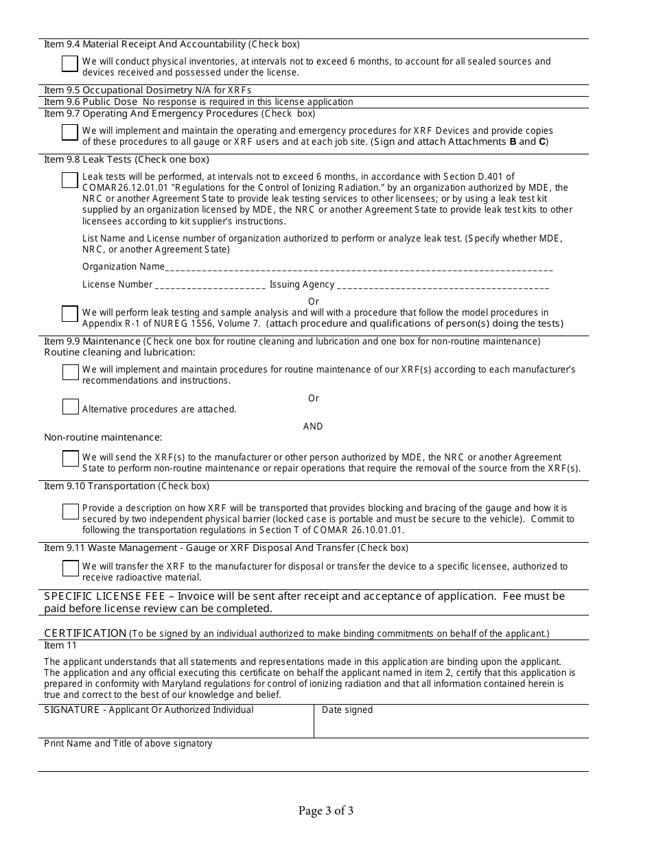 Application for Radioactive Material License Authorizing the Use of Sealed Sources in Xrf Devices - Maryland, Page 3