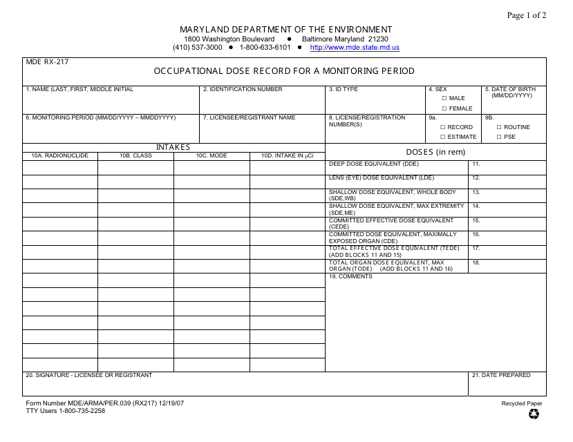 Form MDE RX217 Occupational Dose Record for a Monitoring Period - Maryland