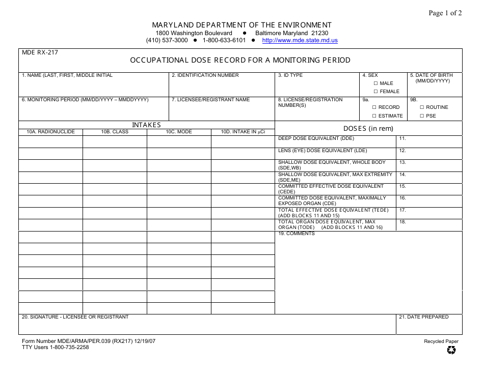 Form MDE RX217 Occupational Dose Record for a Monitoring Period - Maryland, Page 1