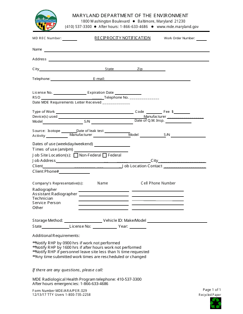 Form MDE/ARA/PER.029 Reciprocity Notification - Maryland