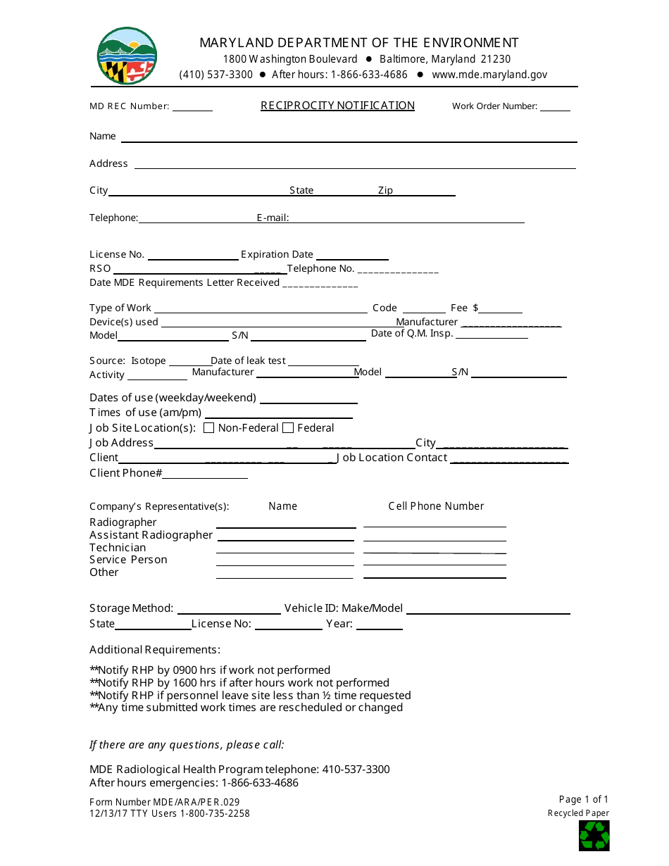 Form MDE / ARA / PER.029 Reciprocity Notification - Maryland, Page 1