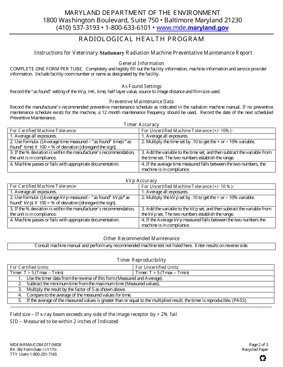 Form RX36 Veterinary Stationary Radiation Machine Preventive Maintenance Report - Radiological Health Program - Maryland, Page 2