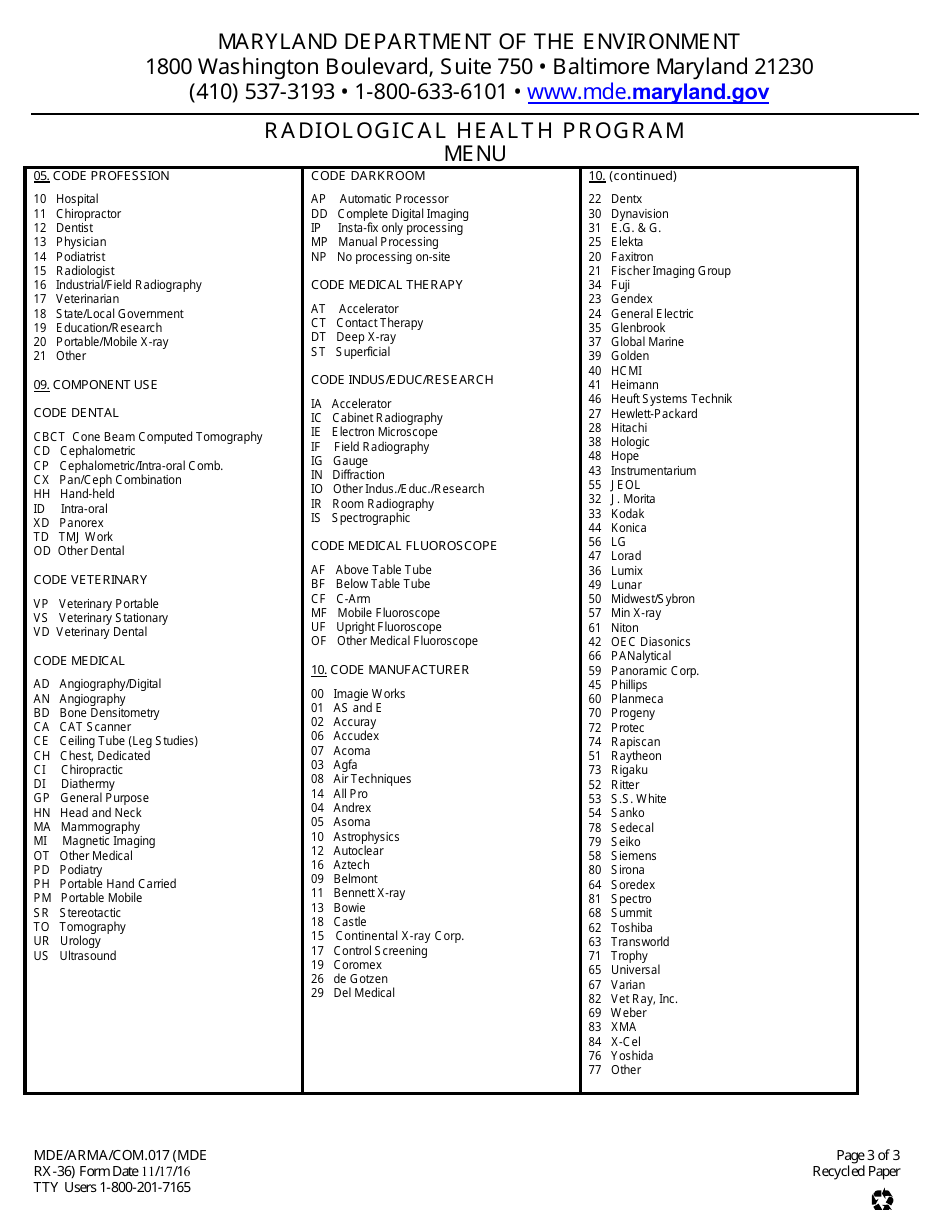 Form RX36 Veterinary Stationary Radiation Machine Preventive Maintenance Report - Radiological Health Program - Maryland, Page 3