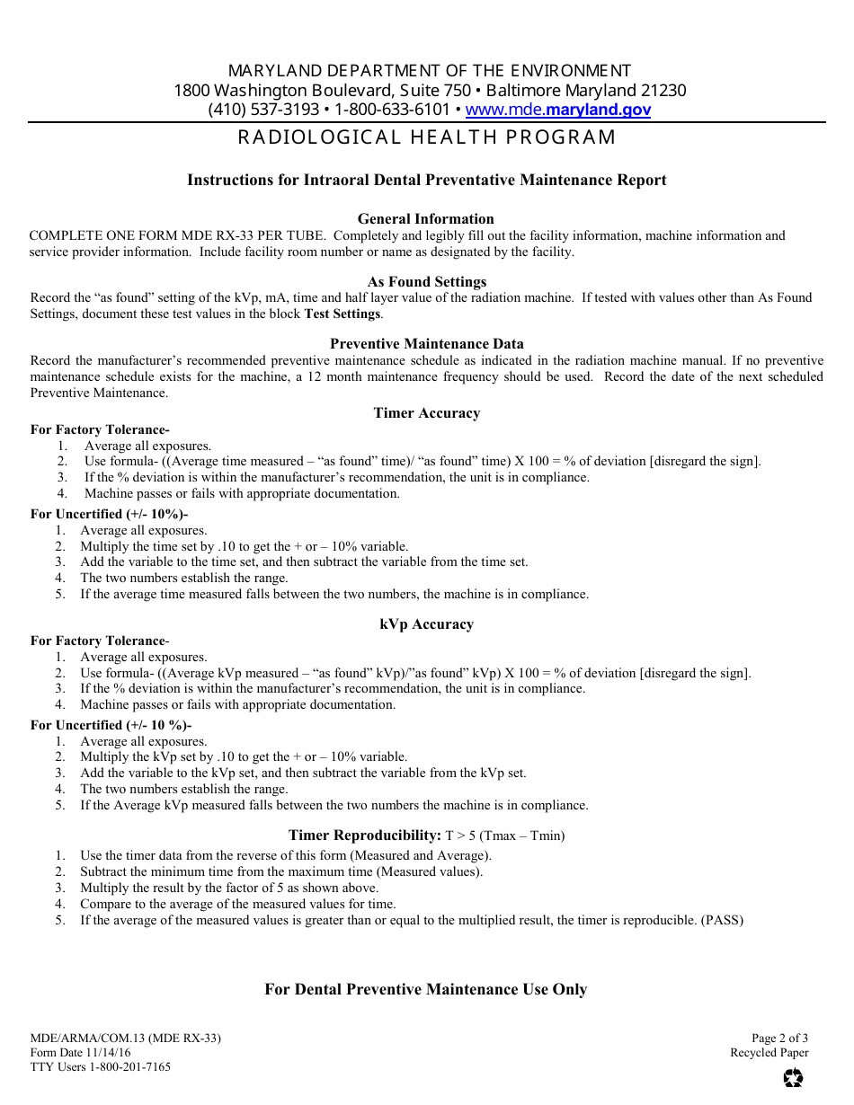 Form RX33 Intraoral Dental / Veterinary Dental Preventive Maintenance Report - Maryland, Page 2