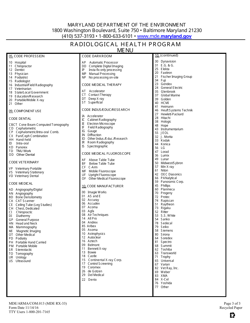 Form RX33 Intraoral Dental / Veterinary Dental Preventive Maintenance Report - Maryland, Page 3