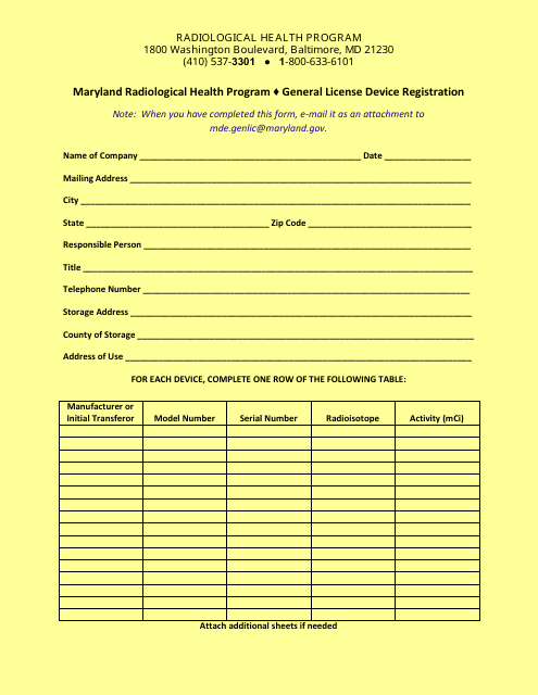 General License Device Registration Form - Maryland Radiological Health Program - Maryland Download Pdf