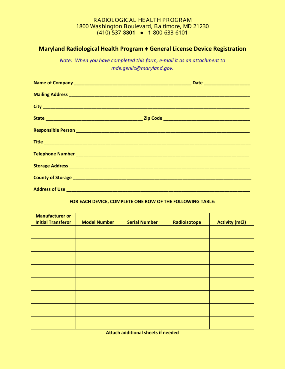 General License Device Registration Form - Maryland Radiological Health Program - Maryland, Page 1