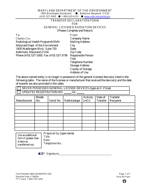 Form MDE/ARMA/PER.036  Printable Pdf