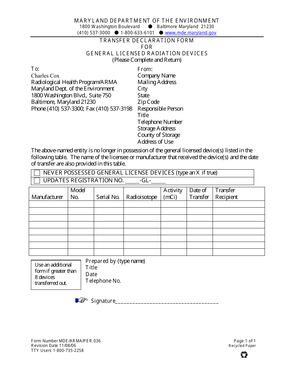 Form MDE / ARMA / PER.036 Transfer Declaration Form for General Licensed Radiation Devices - Maryland, Page 1