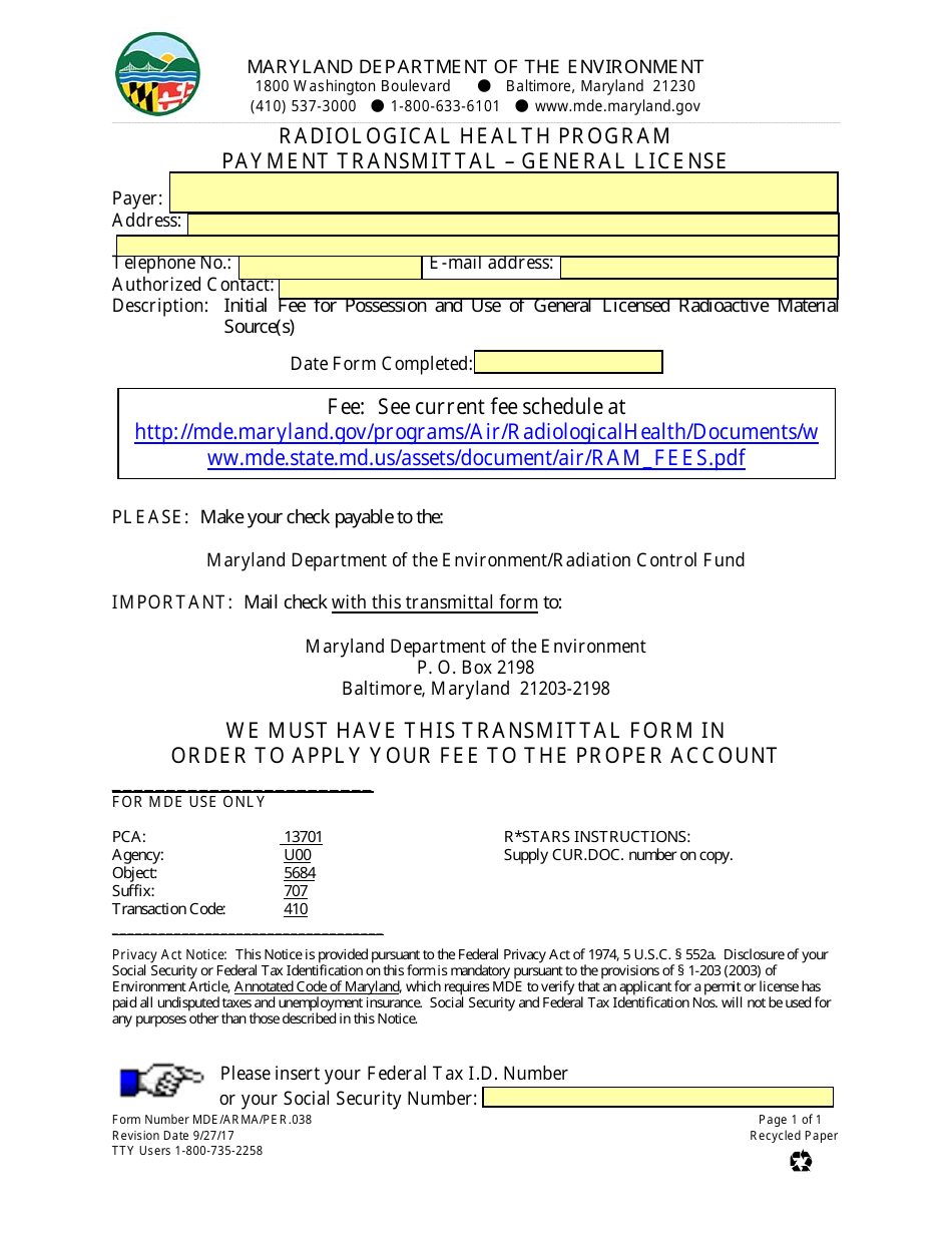 Form MDE / ARMA / PER.038 Payment Transmittal - General License - Maryland, Page 1