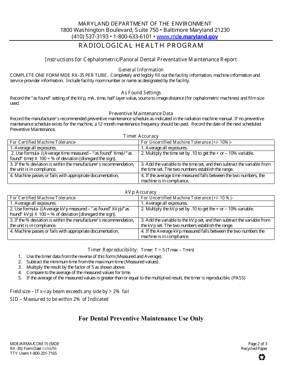 Form RX35 Cephalometric / Panoral Dental Radiation Machine Preventive Maintenance Report - Radiological Health Program - Maryland, Page 2