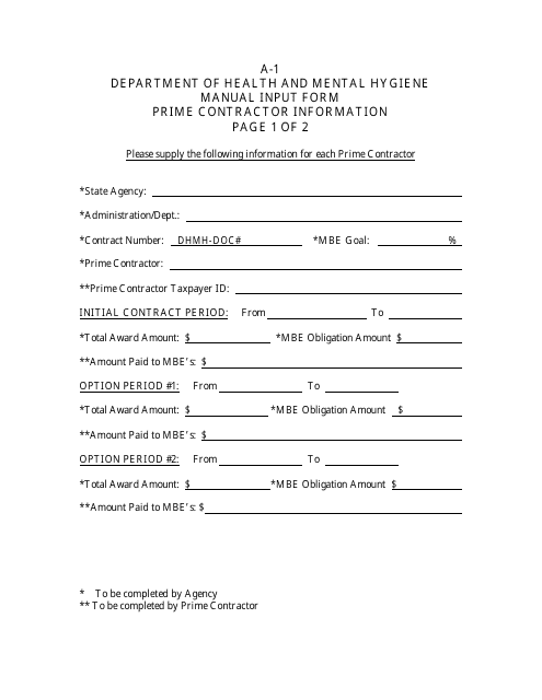 Form A-1 Manual Input Form - Prime Contractor Information - Maryland