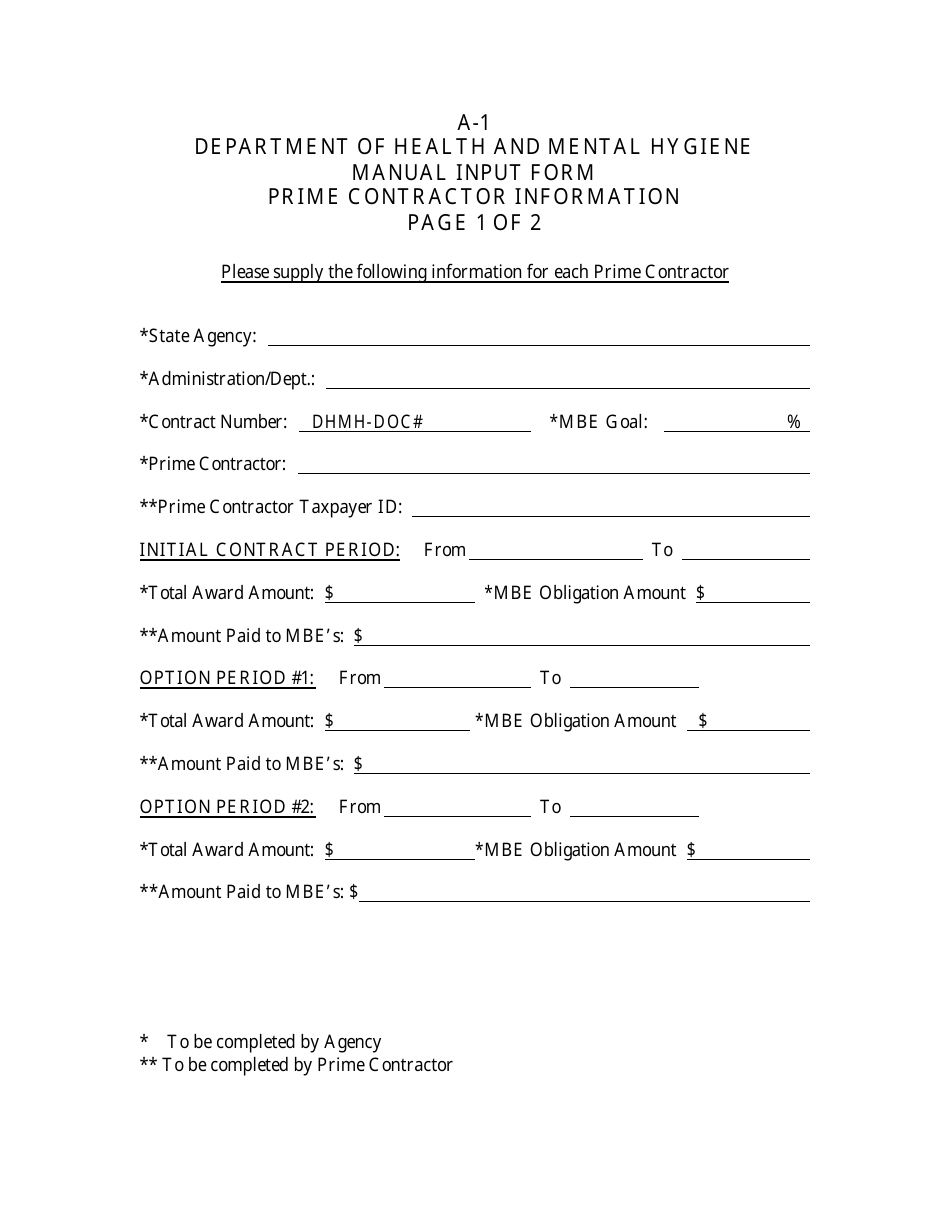 Form A-1 Manual Input Form - Prime Contractor Information - Maryland, Page 1