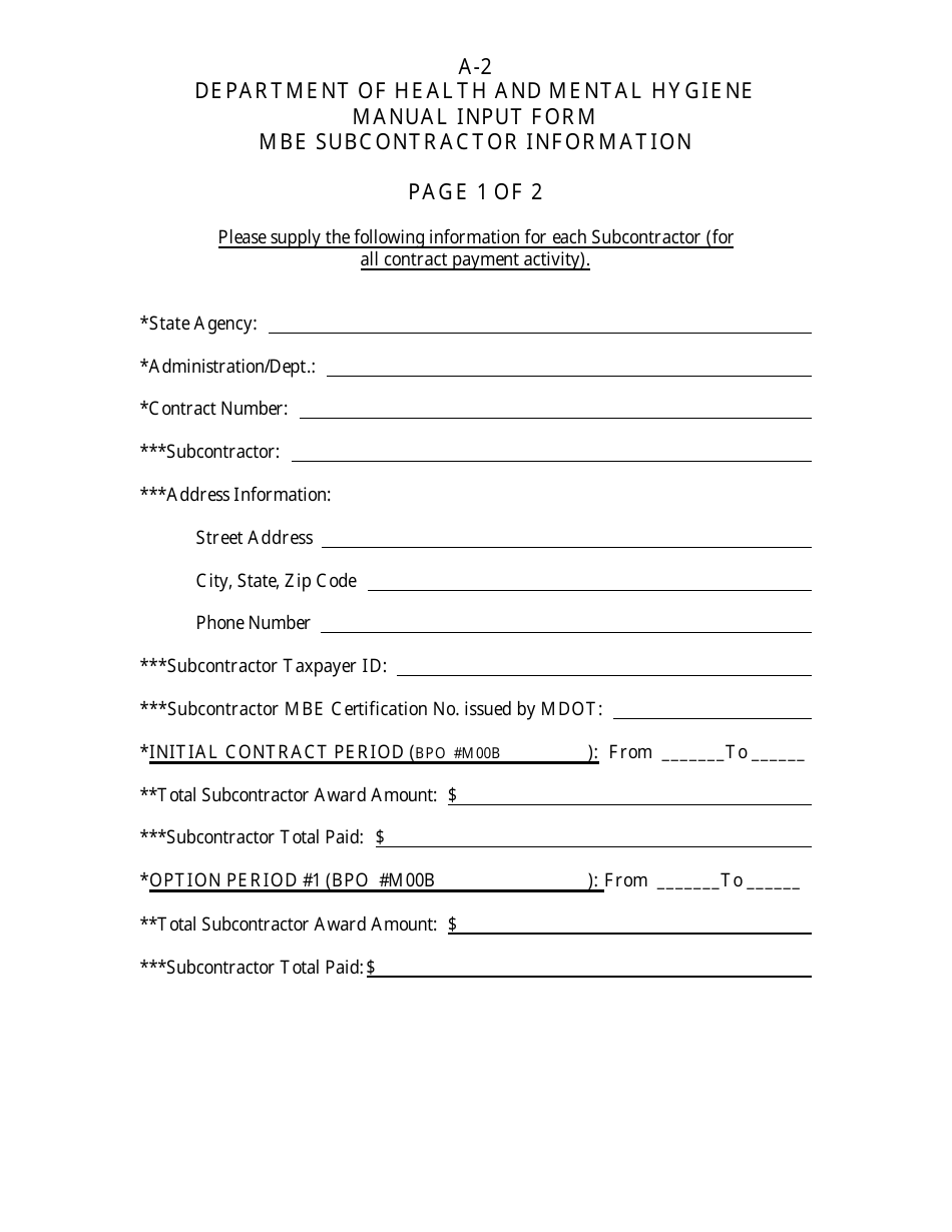 Form A-2 Manual Input Form - Mbe Subcontractor Information - Maryland, Page 1