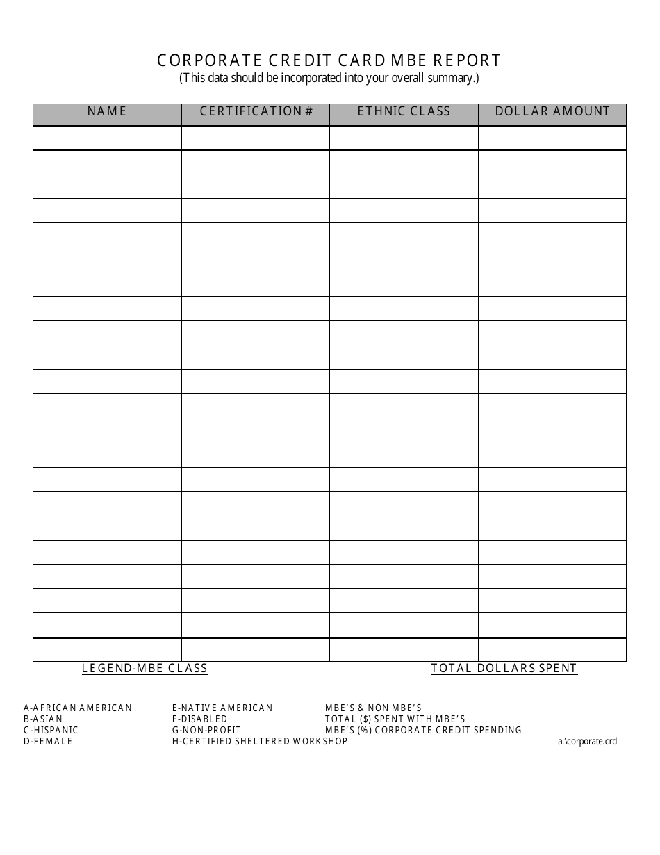 Corporate Credit Card Mbe Report Form - Maryland, Page 1