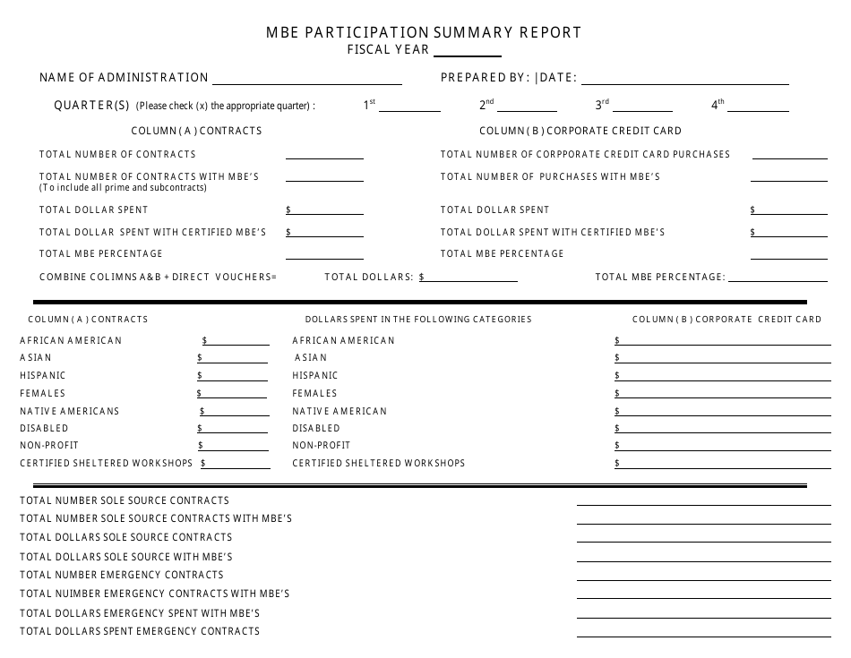 Mbe Participation Summary Report Form - Maryland, Page 1