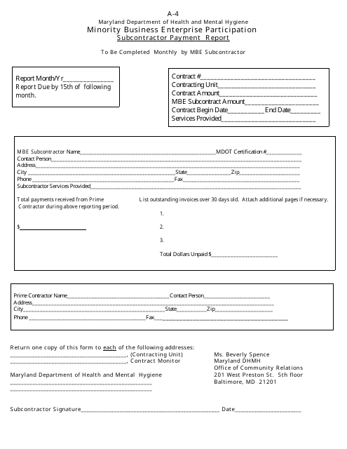 Form A-4 Subcontractor Payment Report - Minority Business Enterprise Participation - Maryland