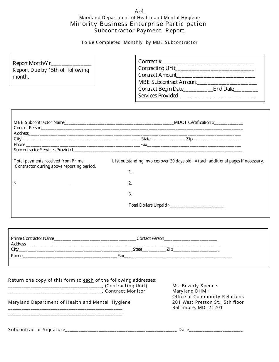 Form A-4 Subcontractor Payment Report - Minority Business Enterprise Participation - Maryland, Page 1