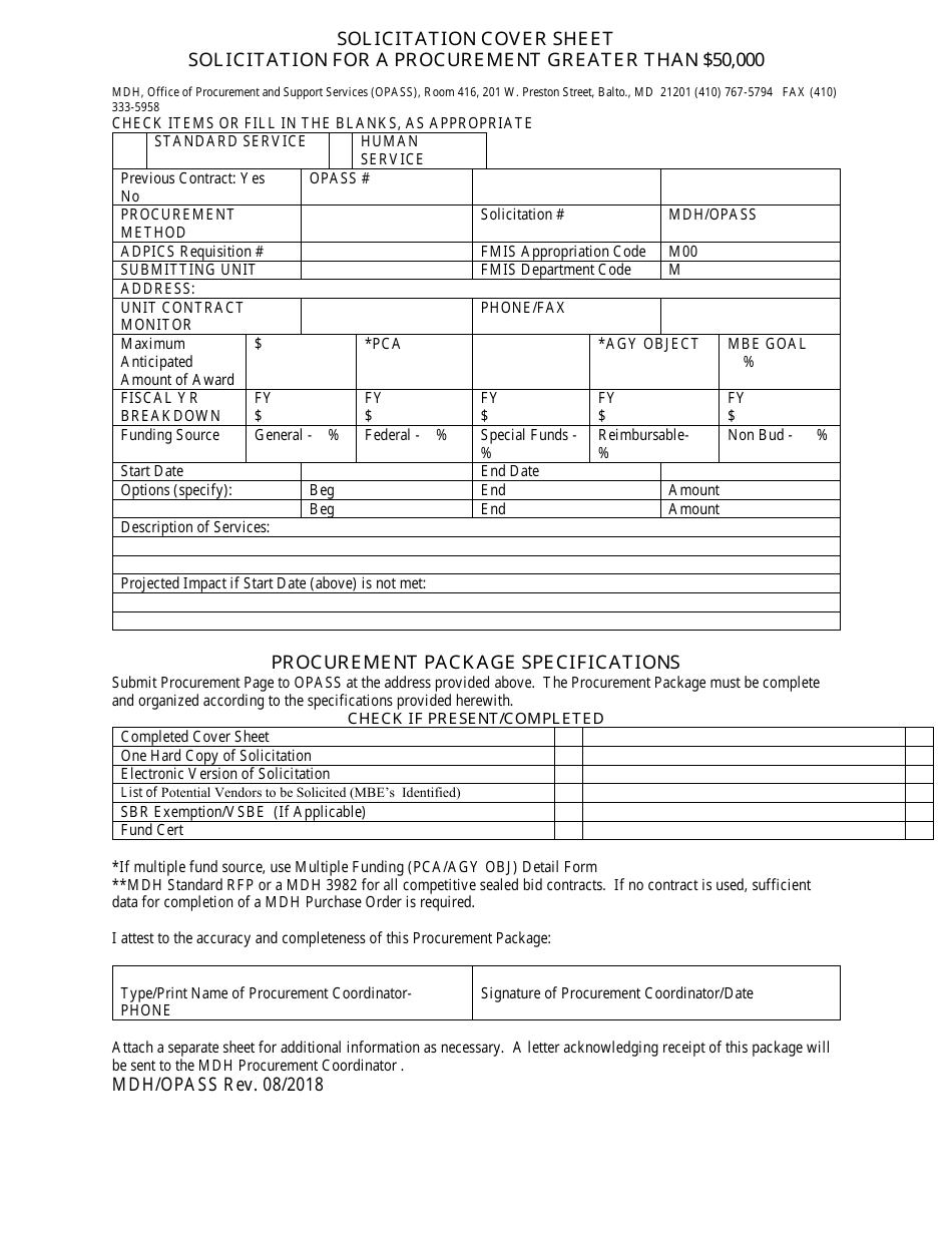 Solicitation Cover Sheet - Solicitation for a Procurement Greater Than $50,000 - Maryland, Page 1